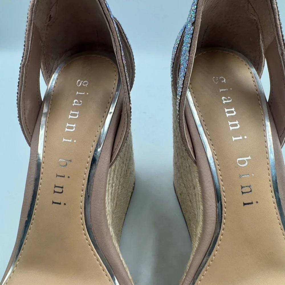 Gianni Bini Rhinestone Espadrille Wedge Sandals Rose Gold Square Toe Size 6M